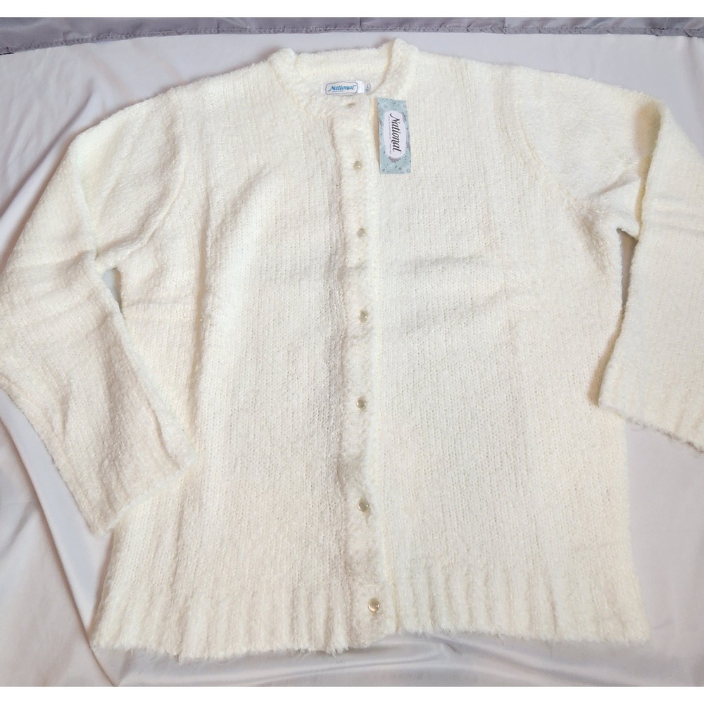 National White Fuzzy Knit Cardigan Sweater Large NWT Cozycore Grannycore